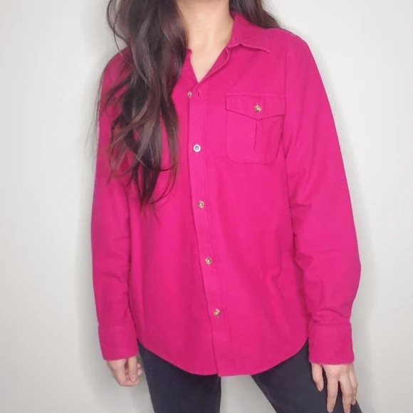 L.L. Bean Fuschia Pink Fleece Flannel Button Down Long Sleeve Shirt - Picture 4 of 10